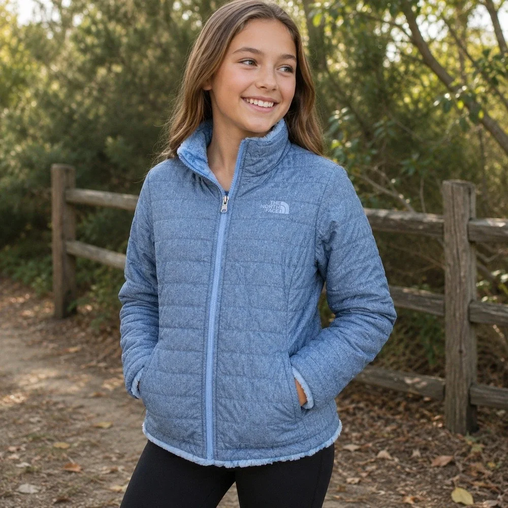The North Face Reversible Mossbud Swirl Jacket Girls L 14/16 Blue Insulated